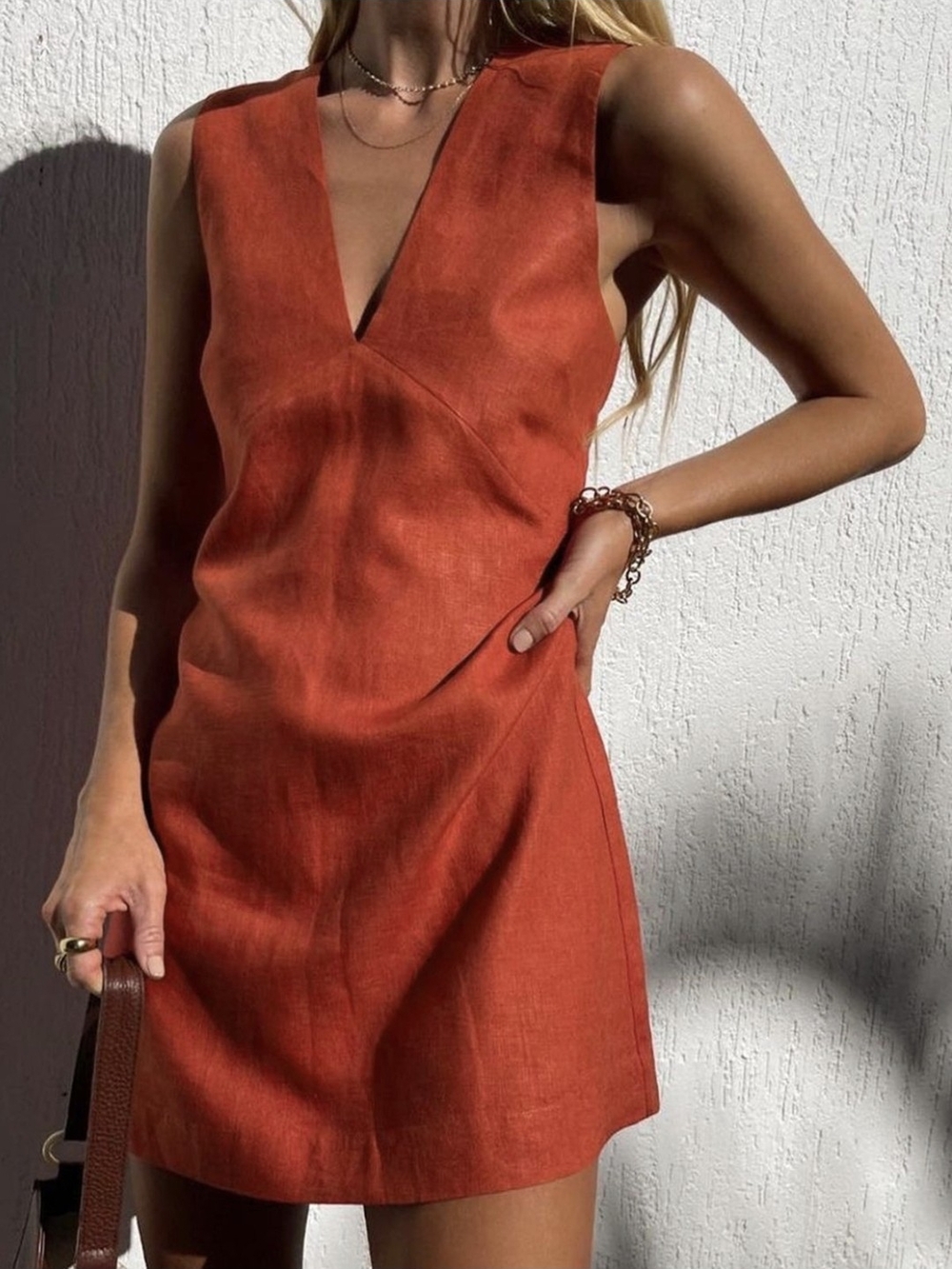Commense Red V-Neck Sleeveless Mini Dress